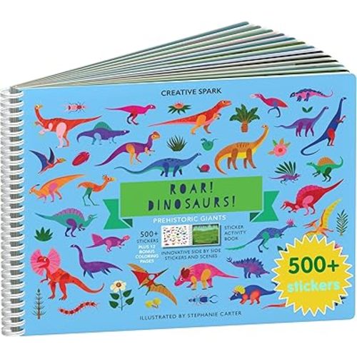 Cupkin Dinosaur Sticker Book Activity for Kids, Toddler Airplane Travel Essentials, 500+ Dino Stickers for Kids + 12 Scenes + 12 Coloring Book Pages, Dinosaur Lover Gift, Crafts Ages 2-8