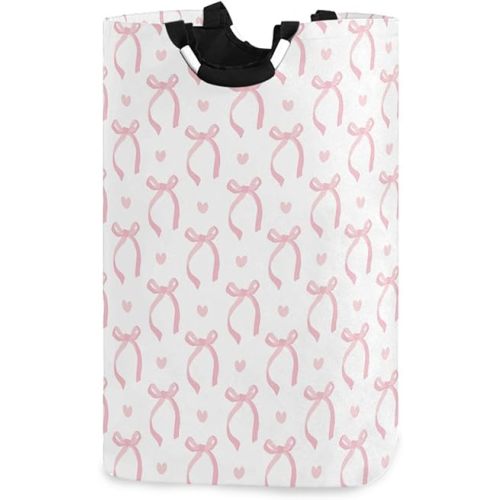 Aslsiy Laundry Basket Cute Coquette Pink Bow Laundry Hamper with Handles White Nursery Bins Toy Storage Basket 50L