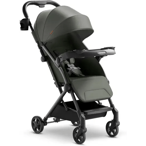 Mompush Lithe V2 Lightweight Stroller + Snack Tray, Ultra-Compact Fold & Airplane Ready Travel Stroller, Near Flat Recline Seat, Cup Holder, Raincover & Travelbag Included
