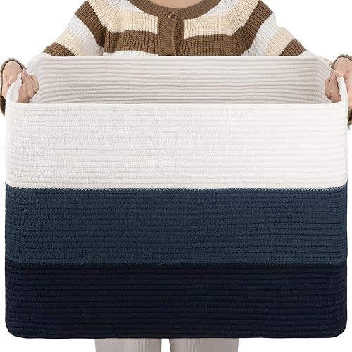 OIAHOMY 108L Large Cotton Rope Basket, Rectangle Woven Baskets for Storage, Nursery Blanket Basket Living Room, Toy Basket With Handle, Baskets for Organizing-25”x16”x16”-Gradient Blue