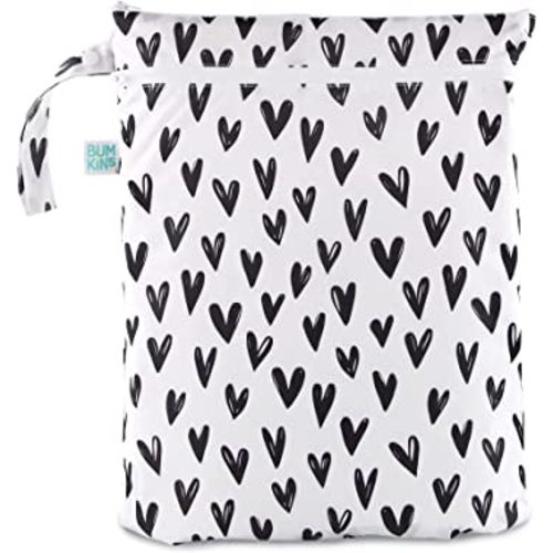 Bumkins Waterproof Wet Dry Bag for Baby, Travel, Swim Suit, Cloth Diapers, Pump Parts, Pool, Gym Clothes, Toiletry, Strap to Stroller, Daycare, Zip Reusable Bag, Wetdry Packing Pouch, Black Hearts