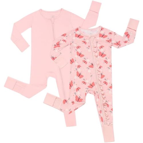 JunNeng 2Pcs Baby Girl Viscose from Bamboo Sleeper with Mitten Cuffs, 2 Way Zipper Romper, Sleep N' Play Pjs 0-18 Months