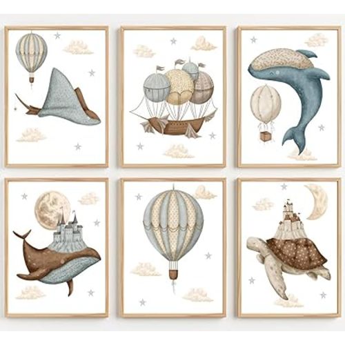 ESHLEUUNG 6Pcs Gender Neutral Kids Room Decor Whimsical Whale Air Balloon Wall Art Prints Nordic Nursery Painting Safe for Children's Bedroom
