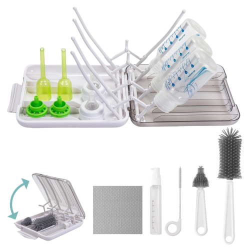Baby Bottle Brush, 7 in 1 Travel Bottle Cleaning Set, with Silicone Bottle Brush, Nipple Brush, Straw Brush, Soap Dispenser, Bottle Drying Rack, Wipes, Home Travel Portable Essentials