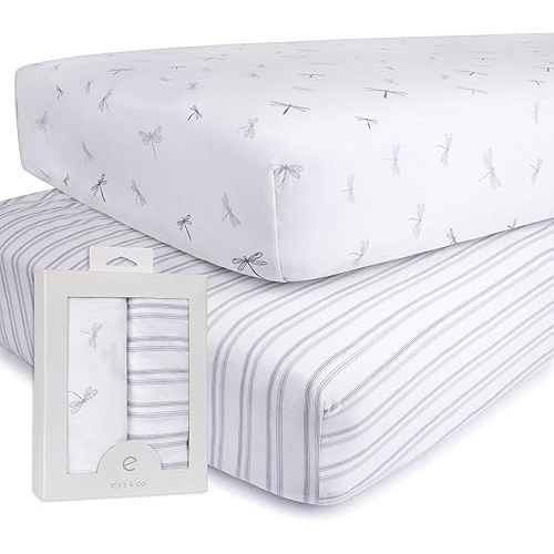 Ely’s & Co. Crib Sheets, Baby Girl/Boy Fitted Crib Mattress Sheet Set, 2 Pack, 100% Jersey Knit Cotton, Infant and Toddler Nursery Bedding, Dragonflies + Stripes Print, 28” x 52”