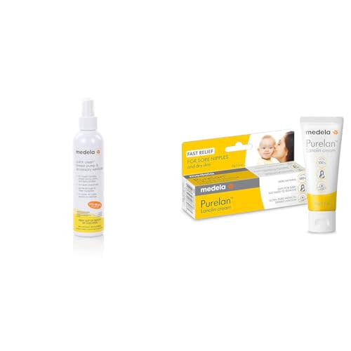 Medela Quick Clean Breast Pump Sanitizer Spray Eliminates 99.9% Bacteria and Medela Purelan 100% Natural Lanolin Nipple Cream Breastfeeding Essentials