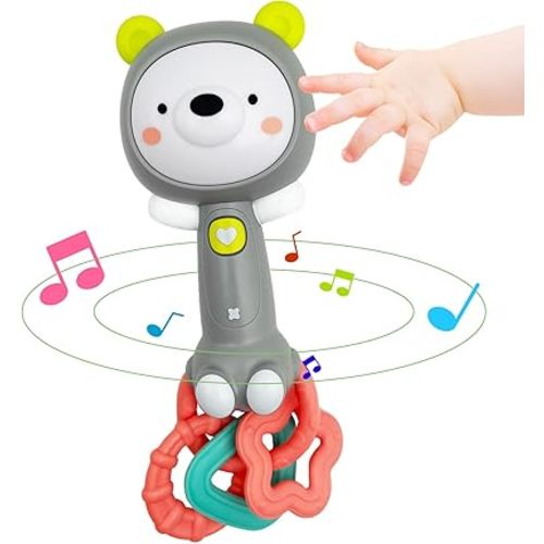 Musical Rabbit Light-Up Toy and Teething Ring for Toddlers Sensory Chew and Fine Motor Skills Toy Baby Rattle and Teething Toys for 6 12 18 Month Babies (Grizzlies)