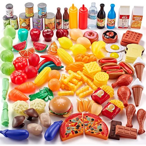 143 Piece Play Food for Kids Kitchen - Toy Assortment - Pretend Food for Toddler - Bonus Water Bottle + Deluxe Color Box Packaging + Storage Bag