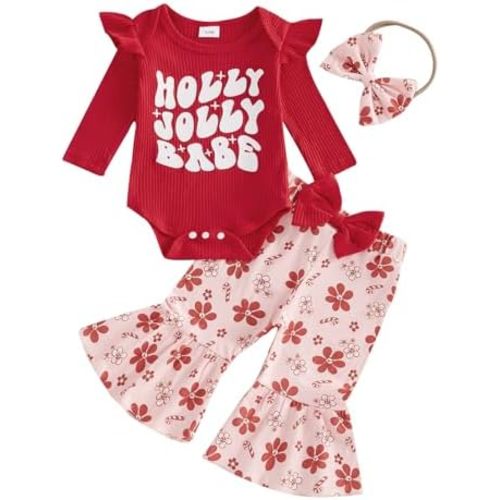 3-6 MINTHS Kuriozud Newborn Baby Girl Bell Bottom Outfit Ruffle Romper Cute Bow Flare Pants Set Headband Cute Clothes