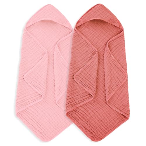 MIGIOL Muslin Hooded Baby Towels 100% Cotton ,Super Soft Muslin Baby Bath Towel - 32 x 32 Inches, Suitable for Newborn and Young Children up to 3 Years Old. (Light Pink & Dark Pink)