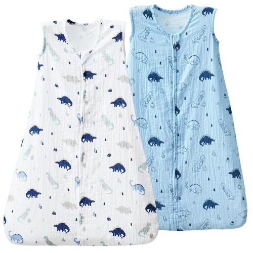david's kids Muslin Cotton Baby Sleep Sack 6-12 Months, 2 Pack 100% Cotton Sleeping Bag for Summer, TOG 0.5 Baby Wearable Blankets with 2-Way Zipper, Soft Sleep Sacks for Newborn Infant, Dinosaur