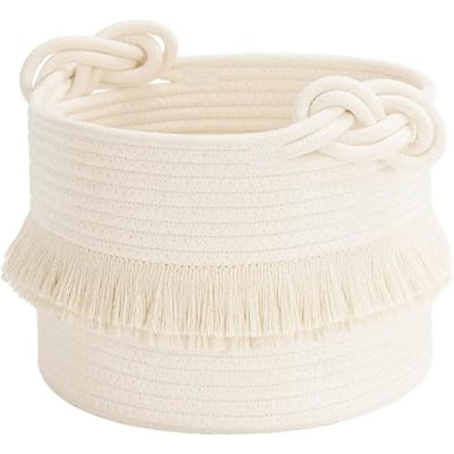 CherryNow Small Woven Storage Baskets Cotton Rope Decorative Hamper for Diaper, Blankets, Magazine and Keys, Cute Tassel Nursery Decor - Home Storage Container – 9.5'' x 7'' Off-white