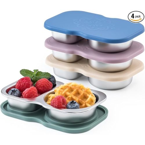 VITEVER 4 Pack Stainless Steel 2-Compartment Snack Containers with Lids, Reusable Snack Pack Containers, Lunch Box Accessories,Double Compartment Salad Dressing Containers to Go, 5.3oz