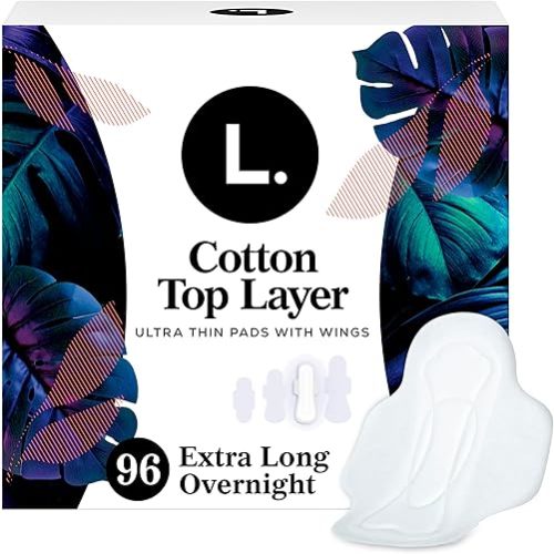 L. Ultra Thin Pads for Women, Overnight Absorbency, Organic Cotton Top Layer, Unscented Pads with Wings, 96 CT