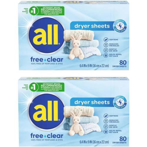 2 Pack- Fabric Softener Dryer Sheets for Sensitive Skin, Free Clear, 80 Count (160ct)