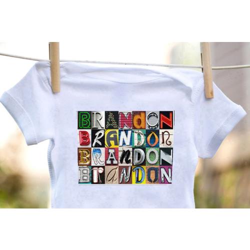 Personalized baby bodysuit featuring the name BRANDON showcased in photos of letters from actual signs; Baby gift; Baby shower