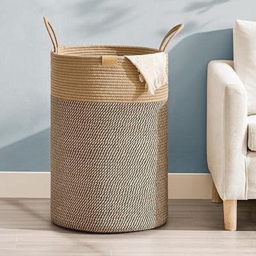 75L Laundry Hamper Basket,Baby Nursery Woven Storage Basket for Toys Bin,Pillows,Blankets,Clothes,Dark&Brown