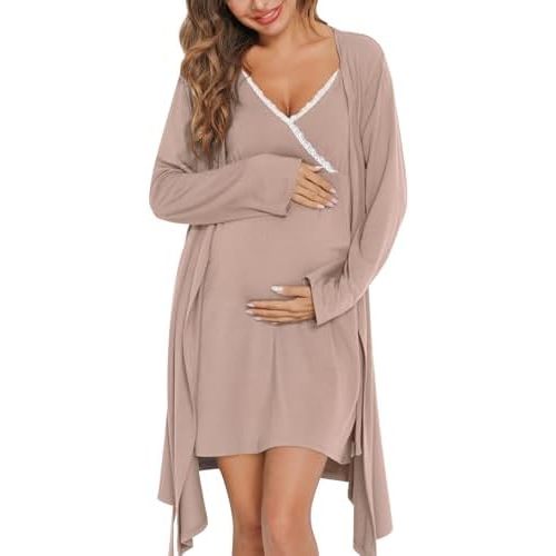 SWOMOG Womens Maternity Robe 2 Piece Nursing Nightgown for Breastfeeding 3 in 1 Labor Delivery Nursing Dress Lace Bathrobe