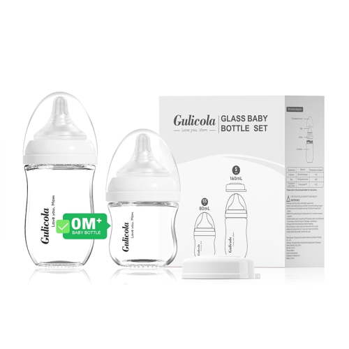 Gulicola Natural Glass Baby Bottle Newborn Set, 3 oz and 5 oz with Extra Slow Flow & Slow Flow Nipple, Anti Colic, 0-3 Months, 2 Pack - White