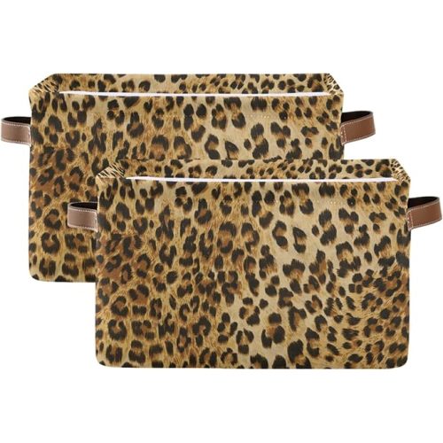 Leopard Print Canvas Storage Bin - Large Animal Toys Basket Cube Box With Handles for Home Office Bedroom Closet Shelves, 2 Pcs