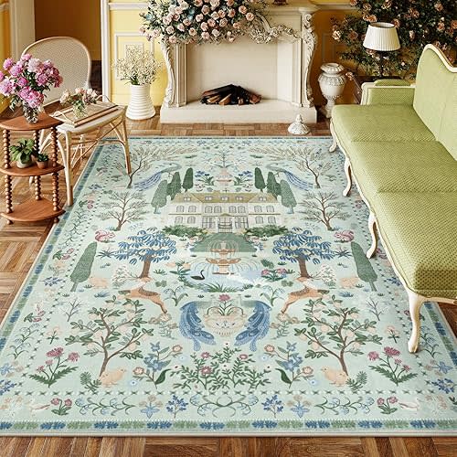 LIVEBOX Washable Rug 8x10 Area Rugs for Living Room, Non-Slip Low Pile Floral Bedroom Rug 8x10 Under Bed, Large Farmhouse Carpet for Living Room, Dining Room, Nursery, Playroom, Green