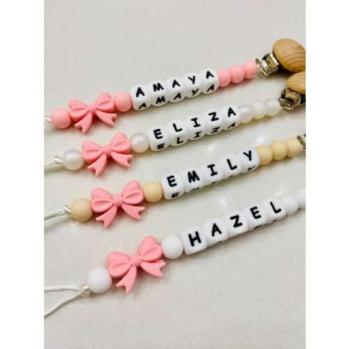 Pink Bow Personalized Pacifier Clip with White Letter Beads