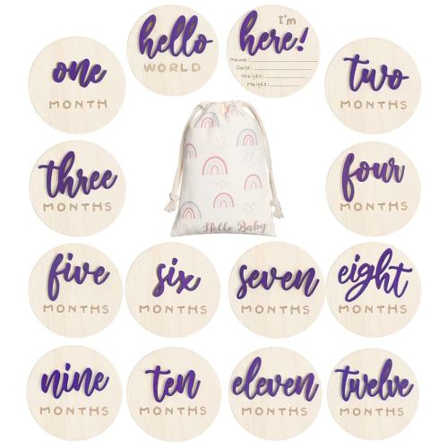 3D Baby Monthly Milestone Card Signs Baby Announcement Sign 7 Pack Double Sided Hello World Newborn Signs Wooden Circles Discs for Welcome Newborn Shower Boy Girl Photo Props(Purple)