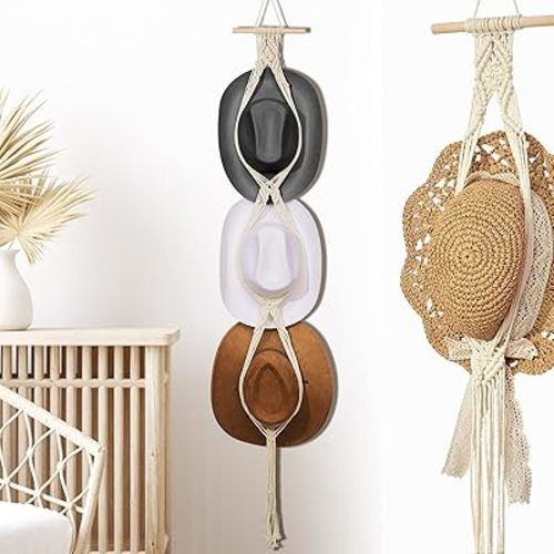 Yulejo Macrame Hat Hangers Boho Hat Rack for Wall Western Cowboy Hanging Organizer for Door Wall Room Bedroom