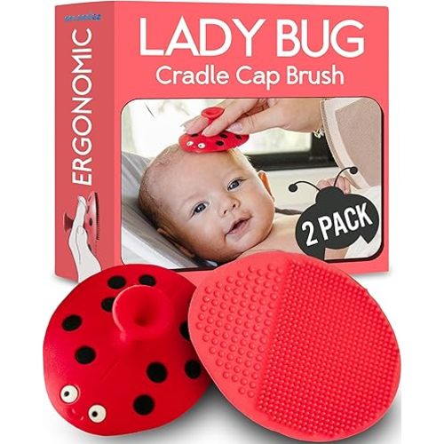 SplashEZ Cradle Cap Brush for Babies | Soothing Newborn Head Massager | Food-Grade Soft Silicone Baby Bath Brush & Scalp Scrubber | Infant Cradle Cap Comb - Organic Shape & Ladybug Design, 2-Pack