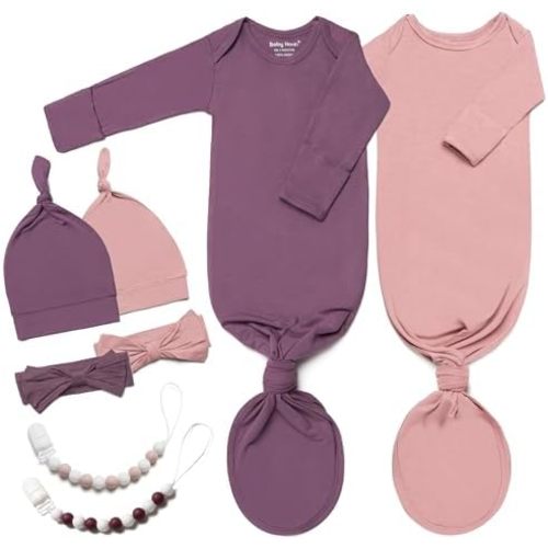 2-Pack Luxurious Newborn Knotted Gown Set - Ultra-Soft Long Sleeve Gown for Baby with Hat, Headband & Pacifier Clip
