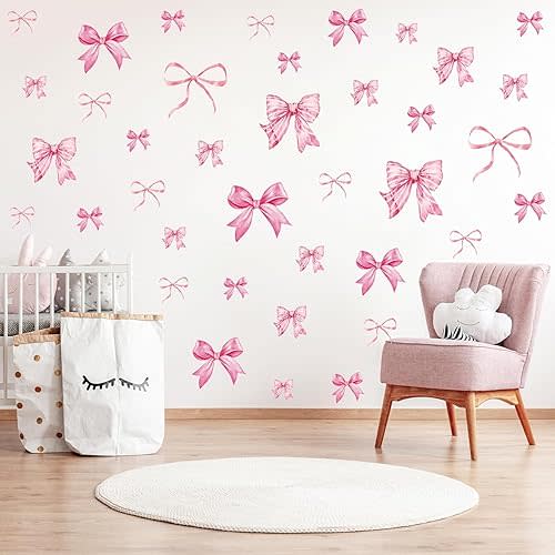 28PCS Pink Bow Wall Stickers Light Pink Bow Knot Wall Decals Watercolor Room Mural Stickers for Girls Party Home Nursery