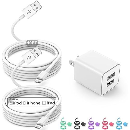 USB Wall Charger and Lightning Cable,[Apple MFi Certified] iPhone Charger with iPhone Lightning Cord,2 Ports Charging Plug Block Box for iPhone 12/11/XR/X/Xs/Xr/8/7/6/6s Plus/SE/5c/iPad-10FT-White