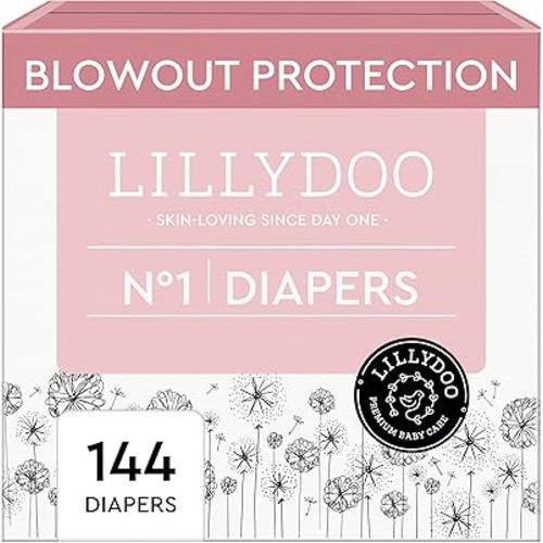 LILLYDOO Baby Diapers - Size 1 (4-11 lbs), Monthly Supply 144 Count (6 x 24), Leak Protection, Skin-Friendly, Ultrasoft, Perfume- & Chlorine-Free, Hypoallergenic, Dermatologist Tested, Oeko-TEX®