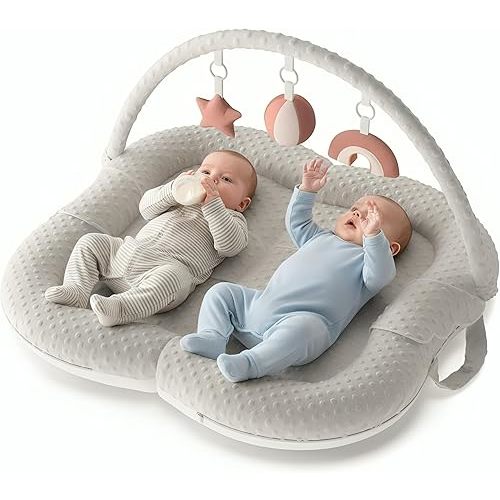 Twins Baby Play Mats for Floor Activity Gym - 5-in-1 Support Cushion Baby Play Mat Tummy Time Mat for Supervised Bonding with Arch, Plush Toys, Flashcards & Developmental Book - Grey