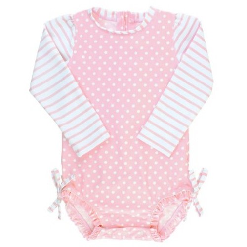 RuffleButts Baby Girls One Piece Rash Guard - Pink Polka, Size: 12-18m