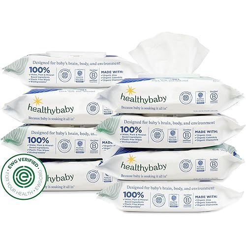 HealthyBaby Our Wet Wipes | EWG Verified Safe | 100% Water & Plant Based | Unscented & Safe for Sensitive Skin | Fragrance Free and Totally Chlorine Free (8 packs, 512 wipes)