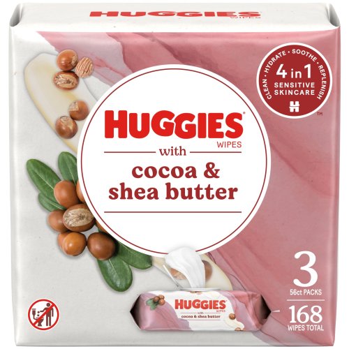 Huggies Sensitive Skincare Baby Wipes with Cocoa & Shea Butter, Unscented, 3 Packs (168 Total Wipes)