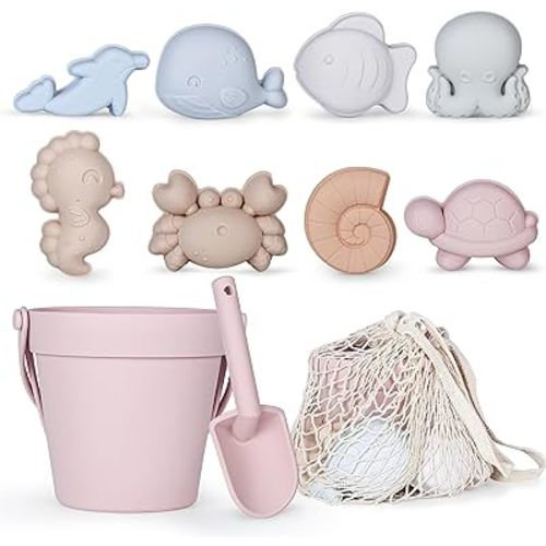 11Pcs Silicone Beach Toys,Modern Baby Beach Toys,Travel Friendly Beach Set,Silicone Bucket, Shovel, 8 Sand Molds, Beach Bag,Silicone Sand Toys for Toddlers, Kids (Pink)