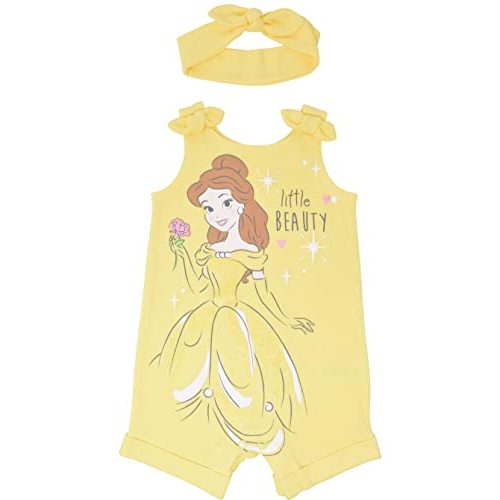 Disney Princess Rapunzel Ariel Belle Jasmine Aurora Baby Girls Snap Romper and Headband Newborn to Toddler