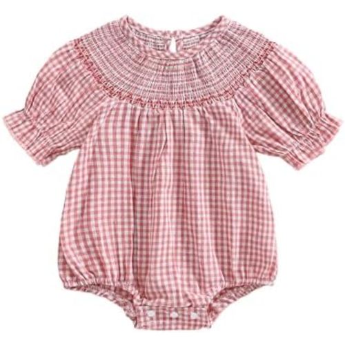 Infant Baby Girl Plaid Bubble Romper Clothes Daisy Embroidery Short Sleeve Smocked Bodysuit Summer Outfit