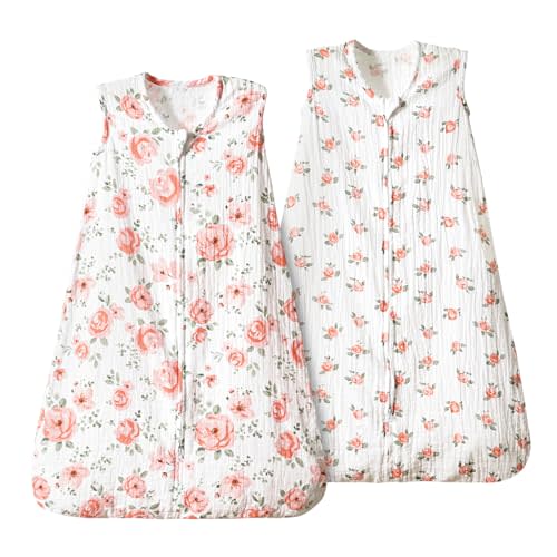 PHF 100% Muslin Cotton Baby Sleep Sacks, 6-12 Months Sleep Sack with 2-Way Zipper, 2 Pack Cooling 0.5 TOG Breathable Medium Size Sleeveless Baby Wearable Blanket for Baby Girl, Floral