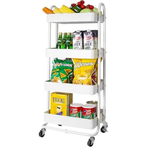 elabo 4-Tier Metal Mesh Utility Rolling Cart, Storage Organizer Trolley Services Cart with Lockable Wheels for Kitchen, Bathroom, Living Room (White)
