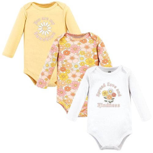 Hudson Baby Infant Girl Cotton Long-Sleeve Bodysuits, Peace Love Flowers