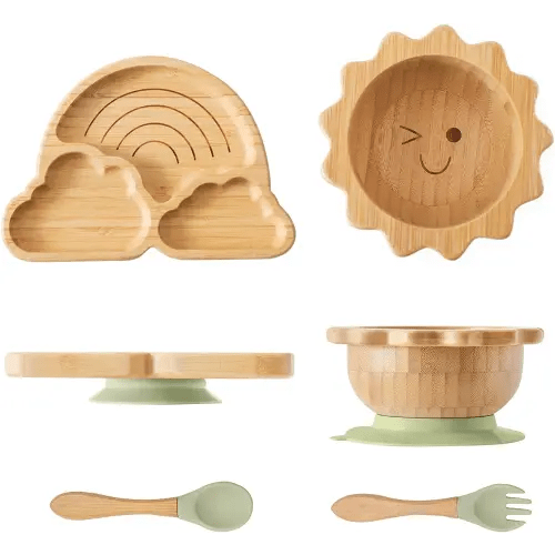 Bamboo Suction Plates Bowls Set for Baby Toddler Divided Platter Food bowl with Silicone Fork & Spoon All-Natural Baby Feeding Set for Baby-Led Weaning, Non-Slip Design