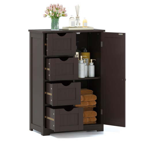 Costway Bathroom Storage Wooden 4 Drawer Cabinet Cupboard 2 Shelves Free Standing Brown