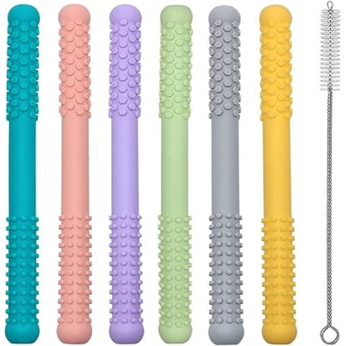 Hollow Teething Tubes Toys for Babies Girls Boys, 5 Pack Silicone Baby Teether Toy Tube for Infants with Nursing Biting Chewing, Chew Straws for Toddlers 6-12 Months (Style B)