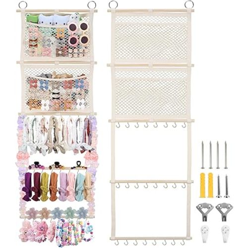 Headband Holder, 17x50in Bow Holder W/ 2 Mesh Pockets & 24 Metal Hooks, Bow Organizer for Girls Hair Clip Jewerly, Wall Hanging Hair Accessories Storage Hanger for Baby Toddler Nursery Decor(Beige)