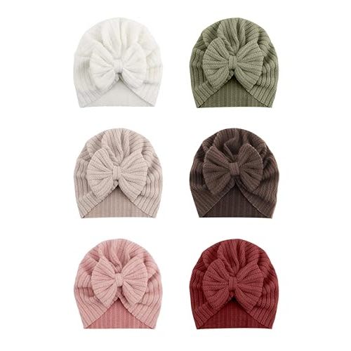 ZURLEFY 6 PCS Stretchy Baby Turban Hats, Baby Hat with Bows for Girls, Baby Boys Caps, Toddler, Newborn, Infant Hat Unisex