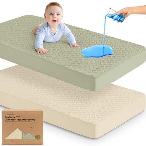 2-Pack Waterproof Crib Mattress Protector Cover Fitted - Quiet Baby Crib Mattress Pad Sheets, 52" x 28" Soft Quilted Cotton Baby Sheet, Machine Washable, Easy Fit, Durable (Avocado/Mavy)