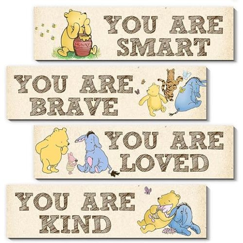 Winnie Room Decor- the Pooh Sign-Wooden Baby Stuff-Vintage Nursery Decor-4PCS Wall Decor Wall Art(Classic)-You Are Kind Brave